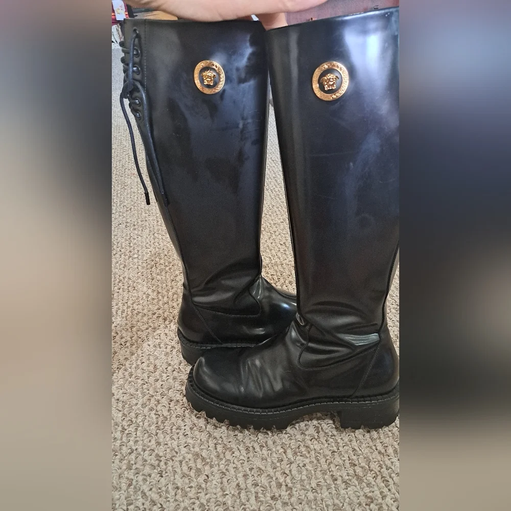 Versace Black Patent Leather Knee High Combat Boots – Gold Medusa **SEE COMMENT